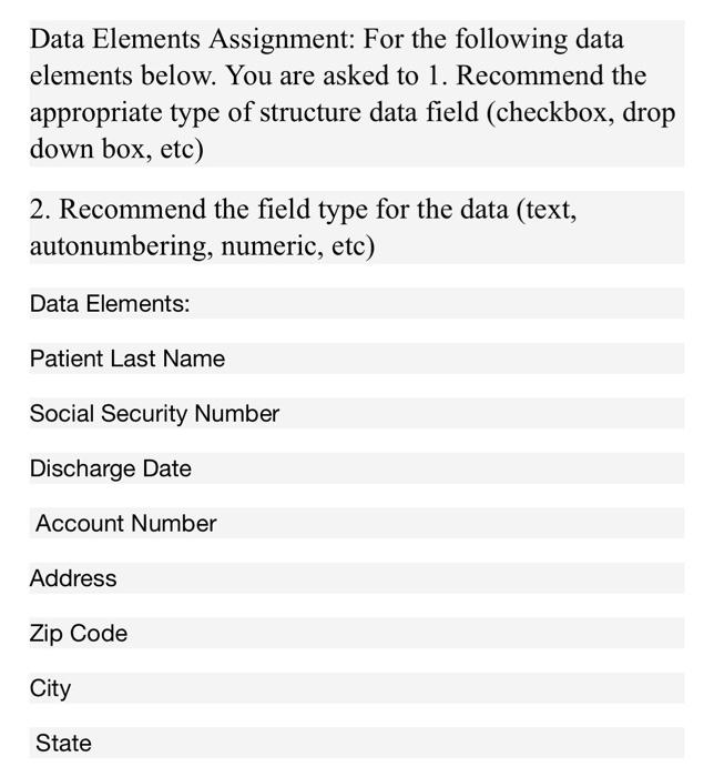 Data Elements Assignment: For the following data