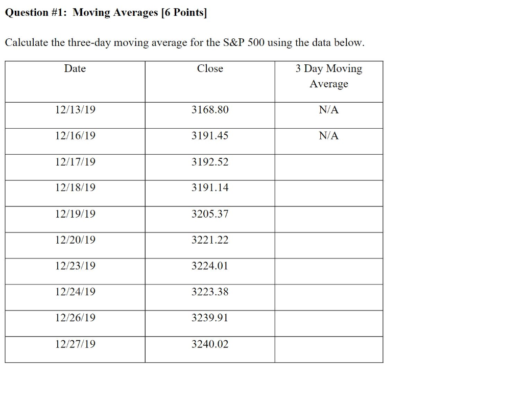 Question #1: Moving Averages [6 Points] Calculate
