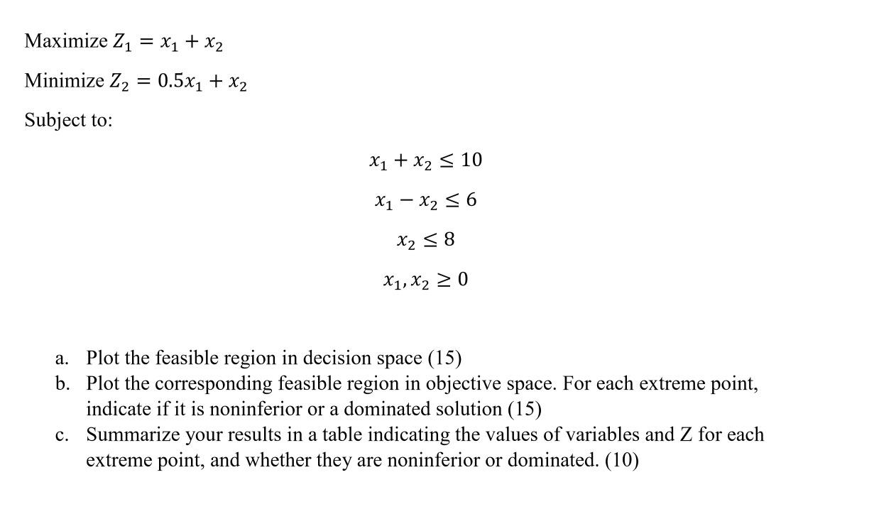 Maximize Z1 = x1 + x2 Minimize Z2 = 0.5x1 + x2