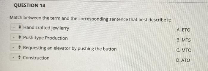 QUESTION 14 A. ETO Match between the term and the