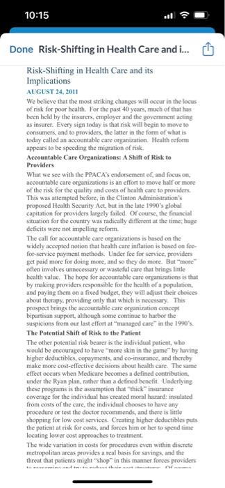 After reading: Risk-Shifting in Health Care and