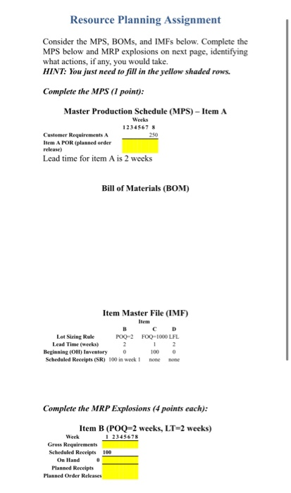 Resource Planning Assignment Consider the MPS,