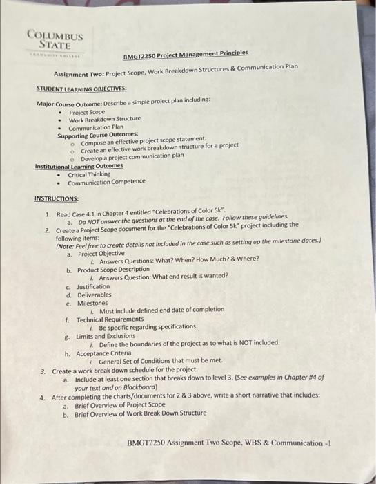 COLUMBUS STATE BMGT2250 Project Management
