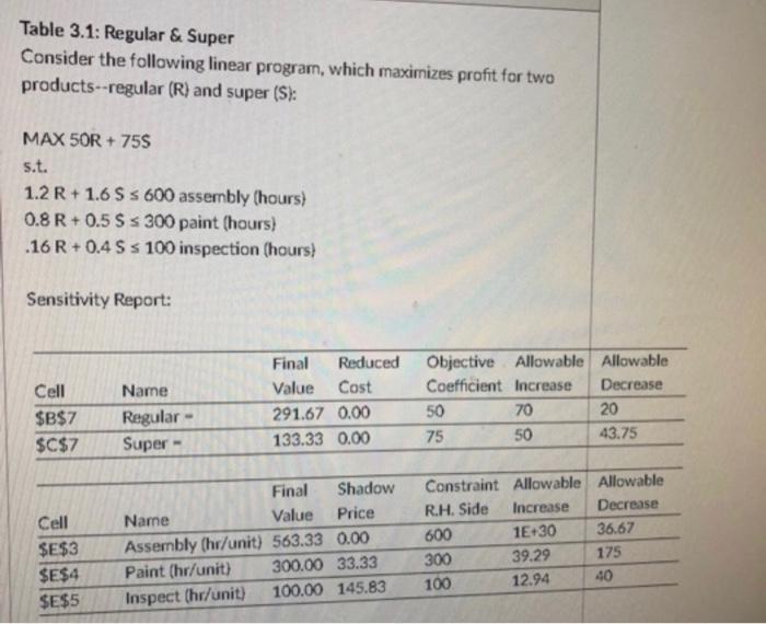 Table 3.1: Regular & Super Consider the following