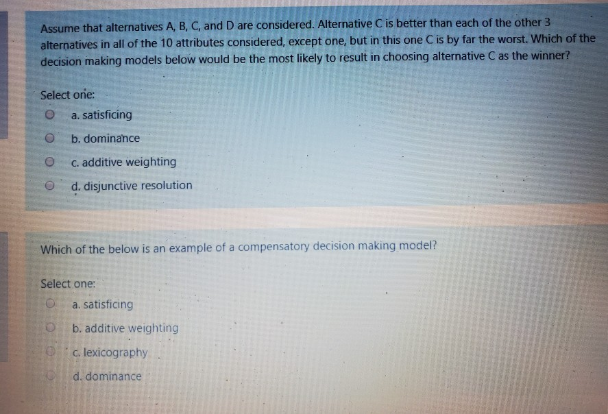 Assume that alternatives A, B, C, and D are