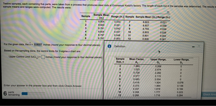 Twelve samples, each containing five parts, were
