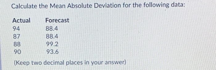 Calculate the Mean Absolute Deviation for the