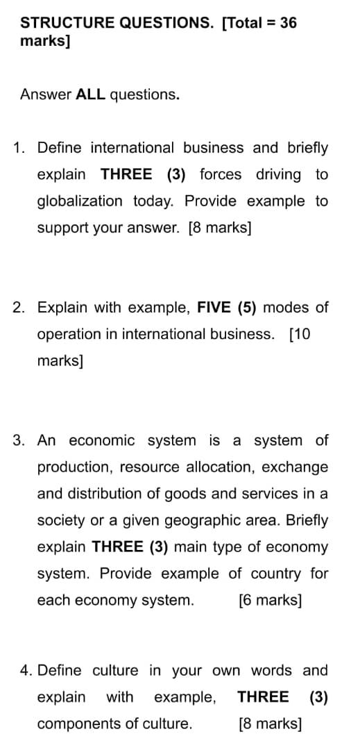 STRUCTURE QUESTIONS. [Total = 36 marks] Answer