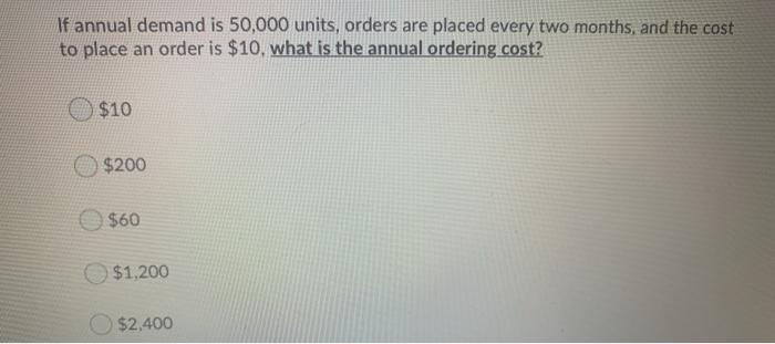 If annual demand is 50,000 units, orders are