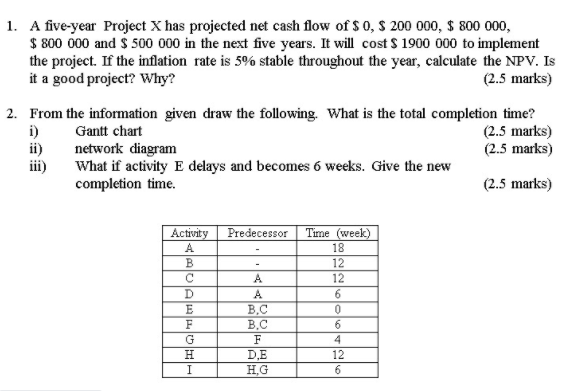 1. A five-year Project X has projected net cash