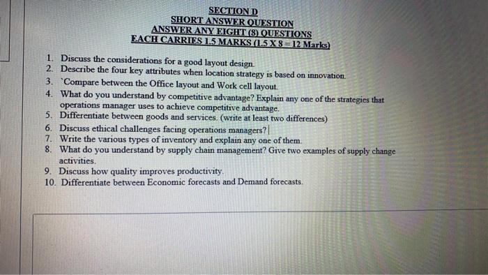 SECTION D SHORT ANSWER QUESTION ANSWER ANY EIGHT