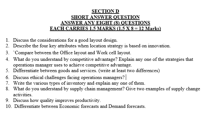 SECTION D SHORT ANSWER QUESTION ANSWER ANY EIGHT