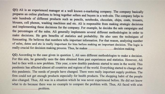 lesson is management for engineering Q1) Ali is