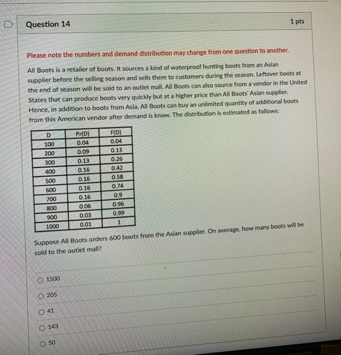 Question 14 1 pts Please note the numbers and
