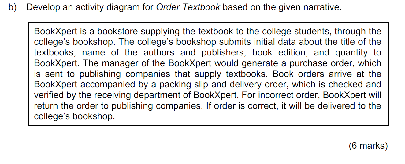 b) Develop an activity diagram for Order Textbook