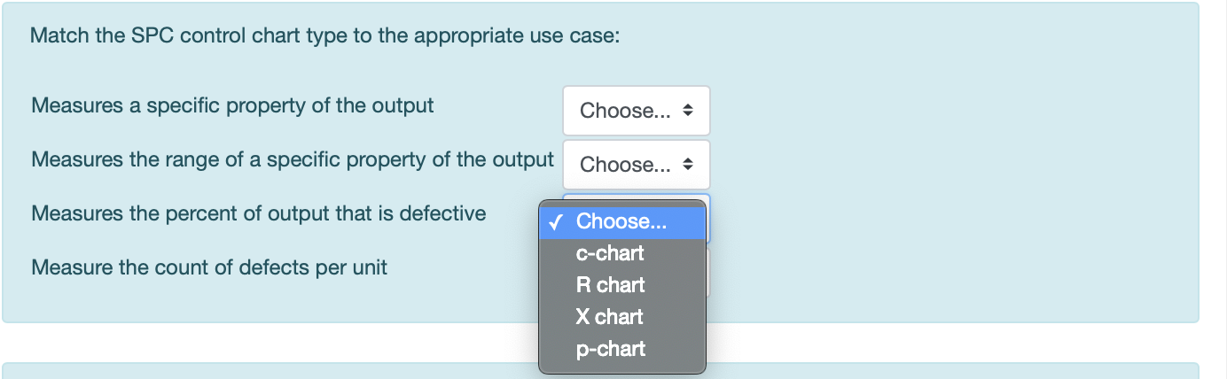 Match the SPC control chart type to the