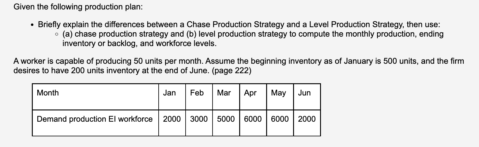 Given the following production plan: - Briefly