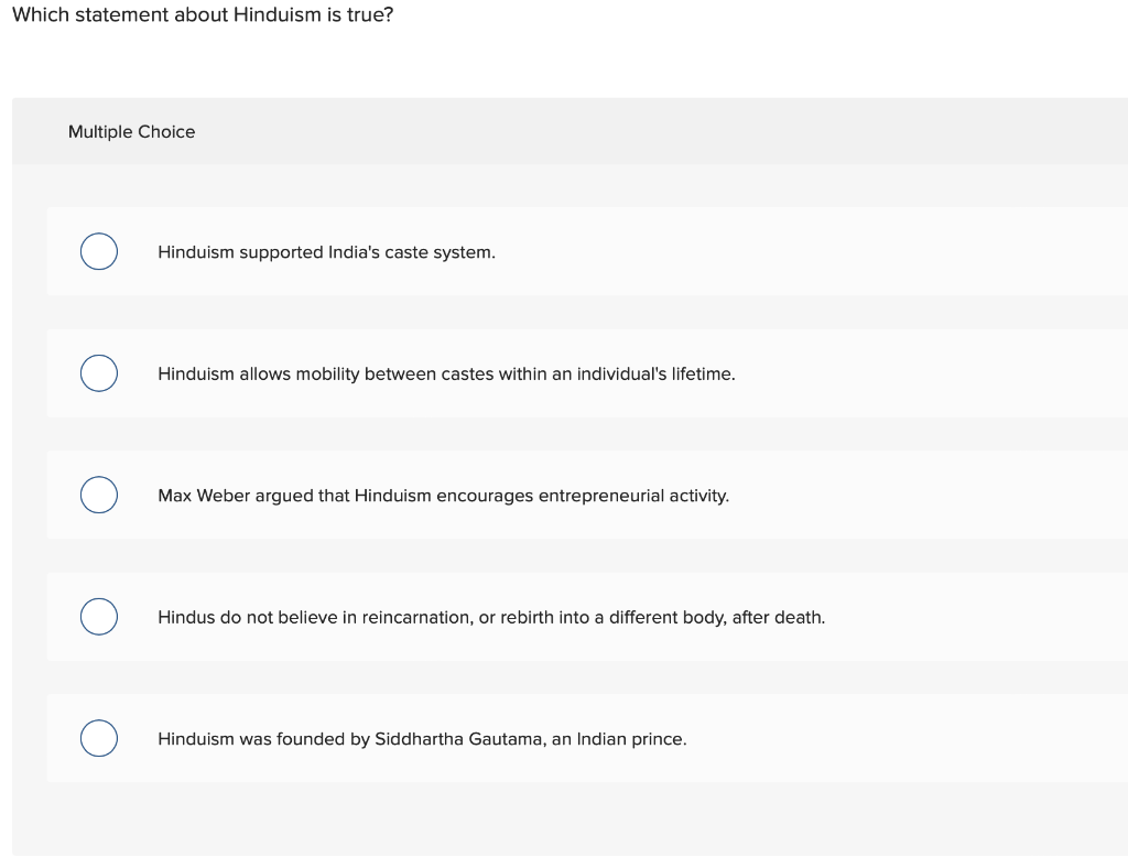 Which statement about Hinduism is true? Multiple