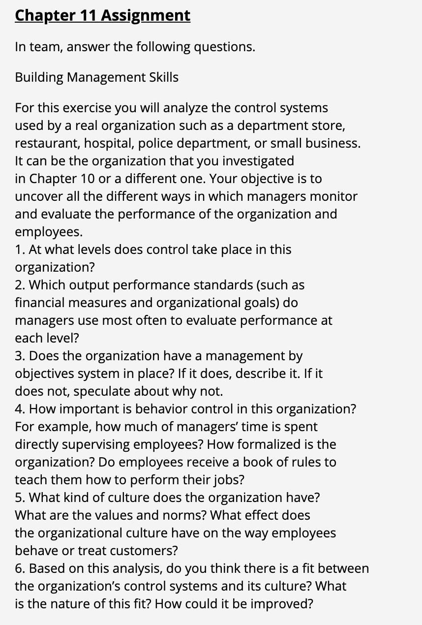Chapter 11 Assignment In team, answer the