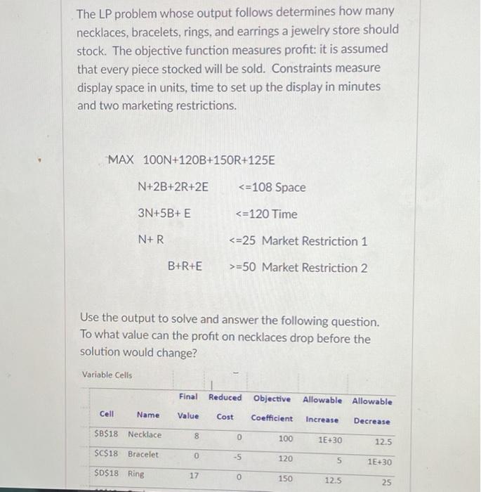 The LP problem whose output follows determines