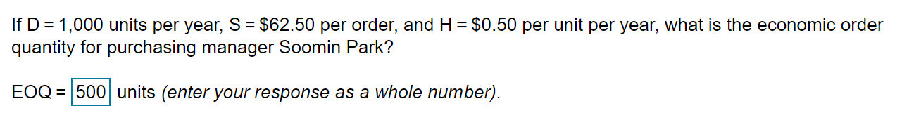 If D = 1,000 units per year, S = $62.50 per