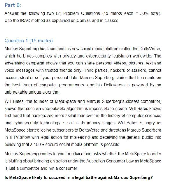 Part B: Answer the following two (2) Problem