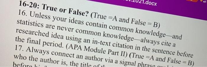 docx 16-20: True or False? (True =A and False =