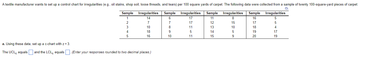 a. Using these data, set up a c-chart with z=3.
