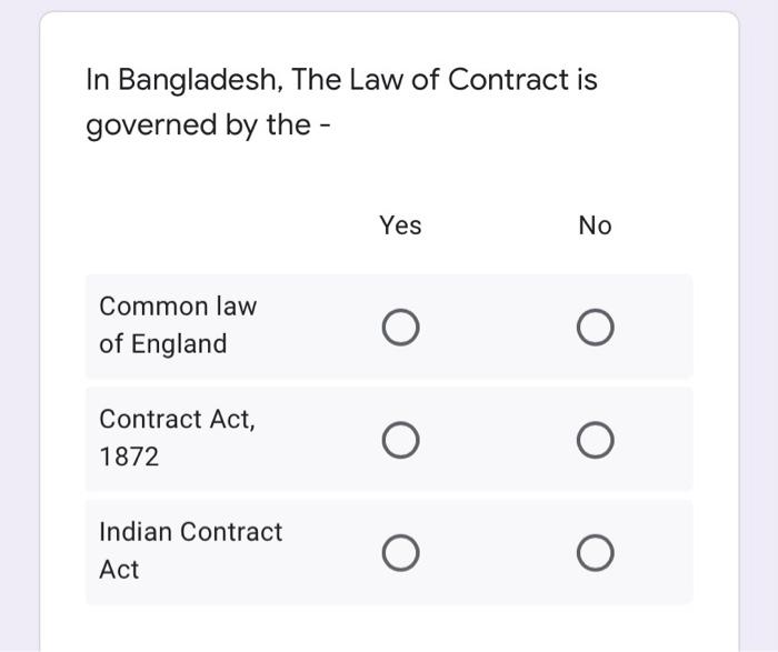 In Bangladesh, The Law of Contract is governed by
