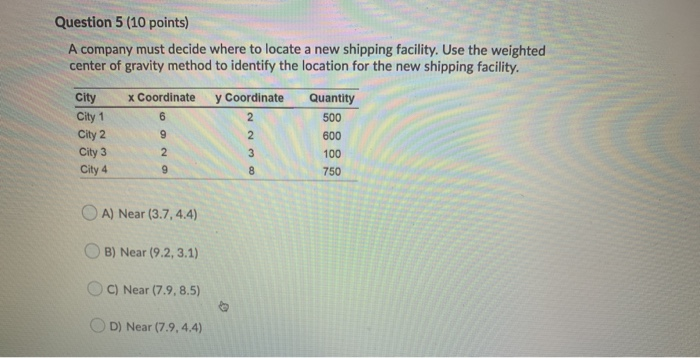Question 5 (10 points) A company must decide