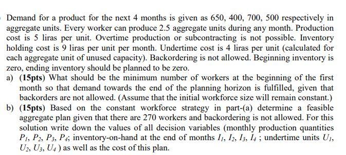 Demand for a product for the next 4 months is