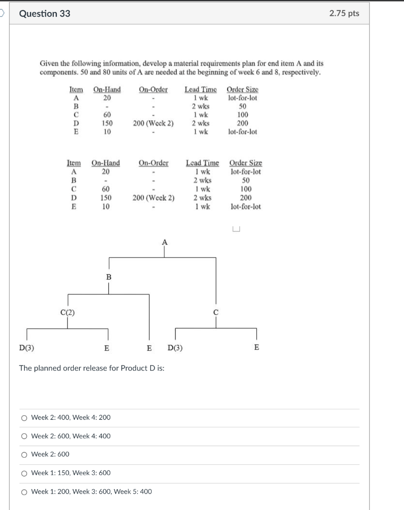 Question 33 2.75 pts Given the following