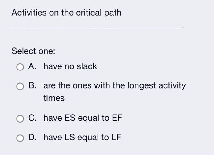 Activities on the critical path Select one: O A.