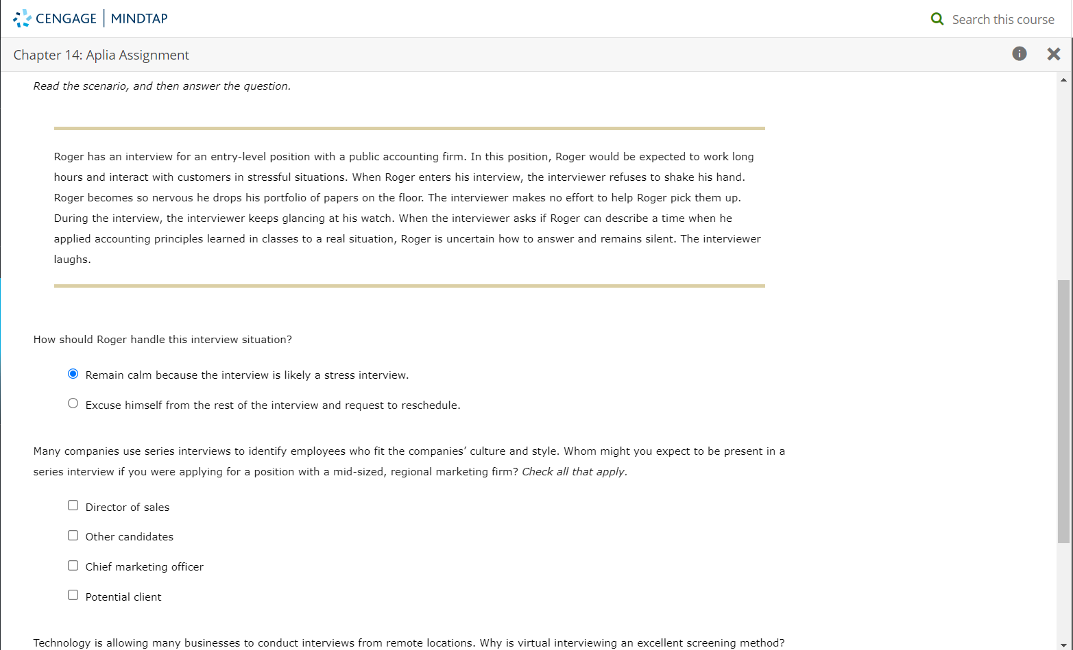 CENGAGE MINDTAP Q Search this course Chapter 14: