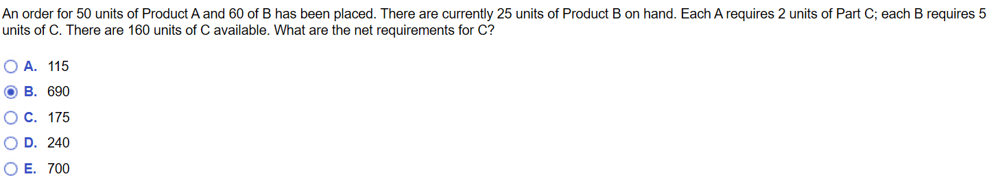 An order for 50 units of Product A and 60 of B