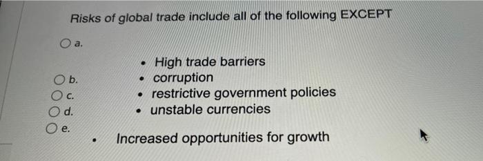 Risks of global trade include all of the
