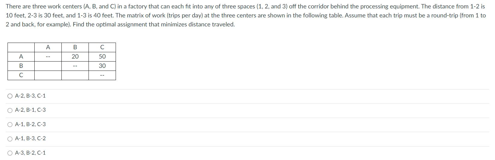 There are three work centers (A, B, and C) in a