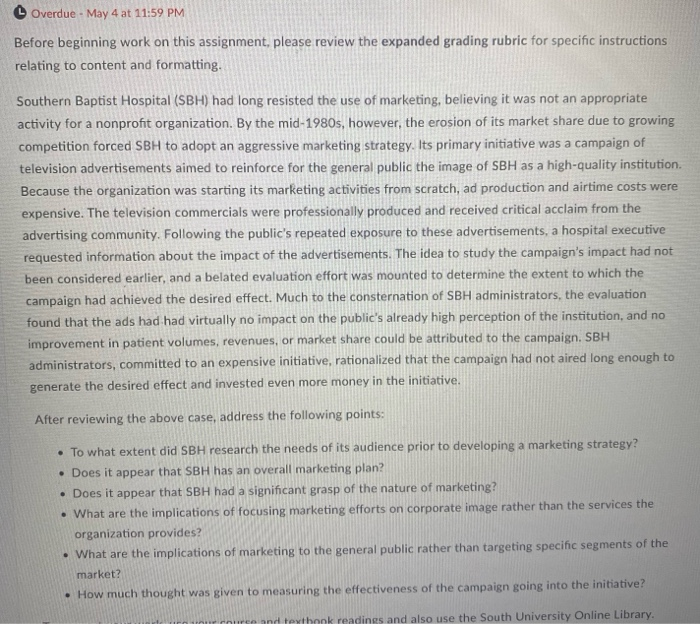 Overdue - May 4 at 11:59 PM Before beginning work