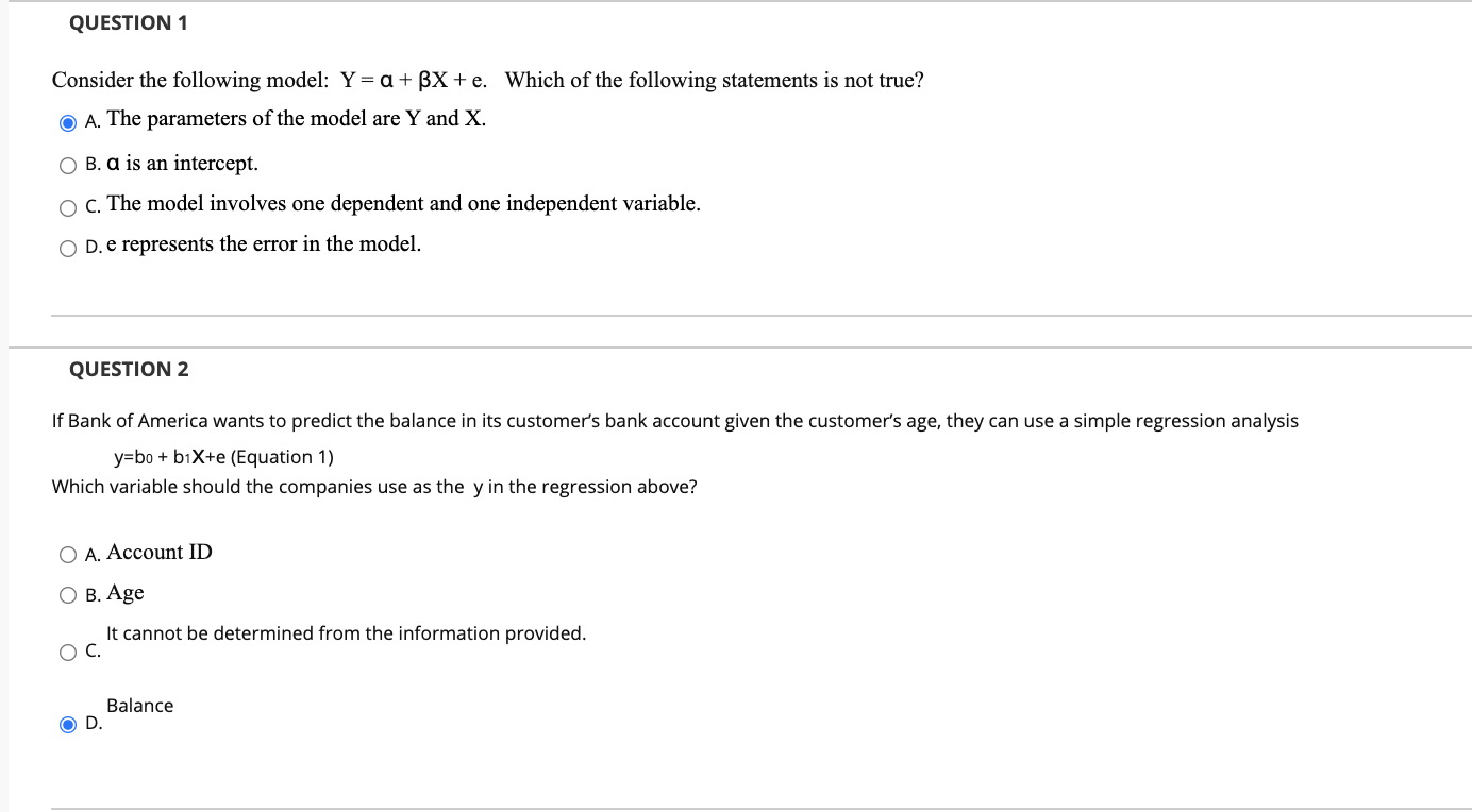 QUESTION 1 Consider the following model: Y= a
