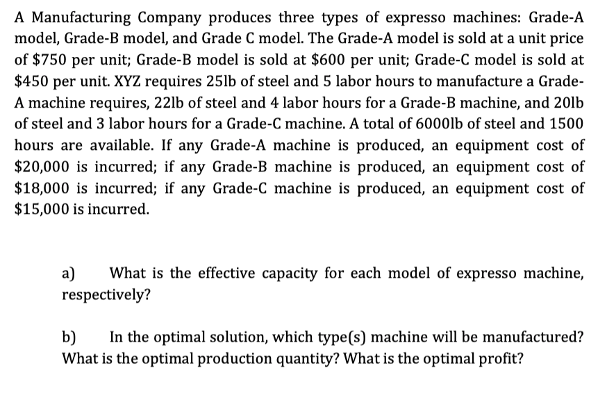 Please solve using excel A Manufacturing Company