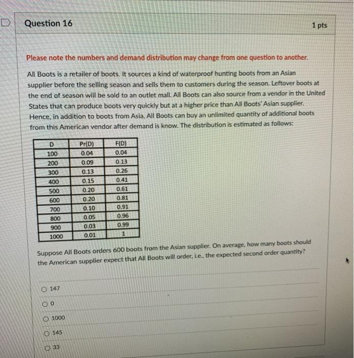 D Question 16 1 pts Please note the numbers and