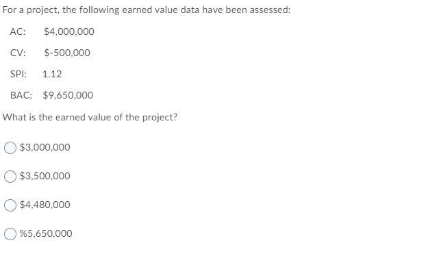 For a project, the following earned value data
