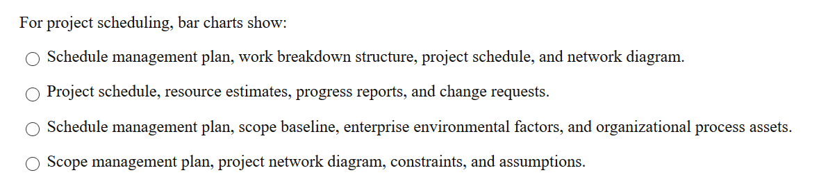 For project scheduling, bar charts show: Schedule