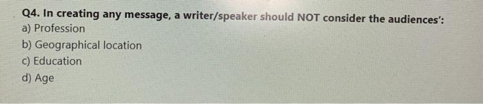 Q4. In creating any message, a writer/speaker