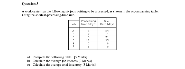 Question 3 A work center has the following six