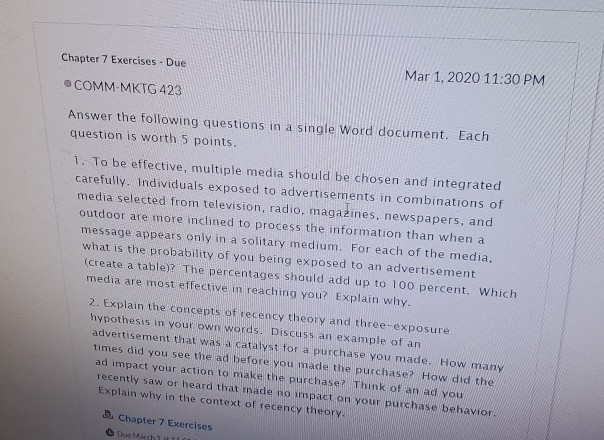 Chapter 7 Exercises - Due COMM-MKTG 423 Mar 1,