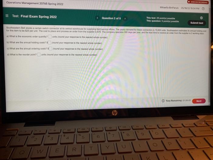 Operations Management 20765 Spring 2022 Test: