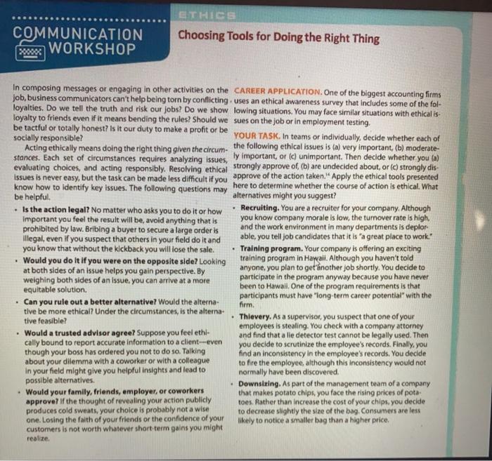 ETHICS COMMUNICATION WORKSHOP Choosing Tools for