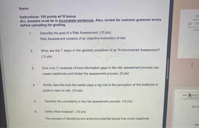 Name: Instructions- 100 points w/10 bonus ALL