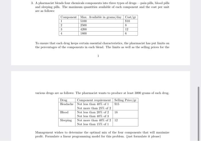 3. A pharmacist blends four chemicals components